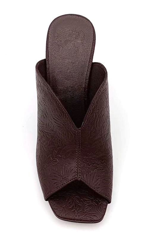 Vintage Floral Embossed PU Mule With V-Shape Top-Line & Sculptured Block Heel