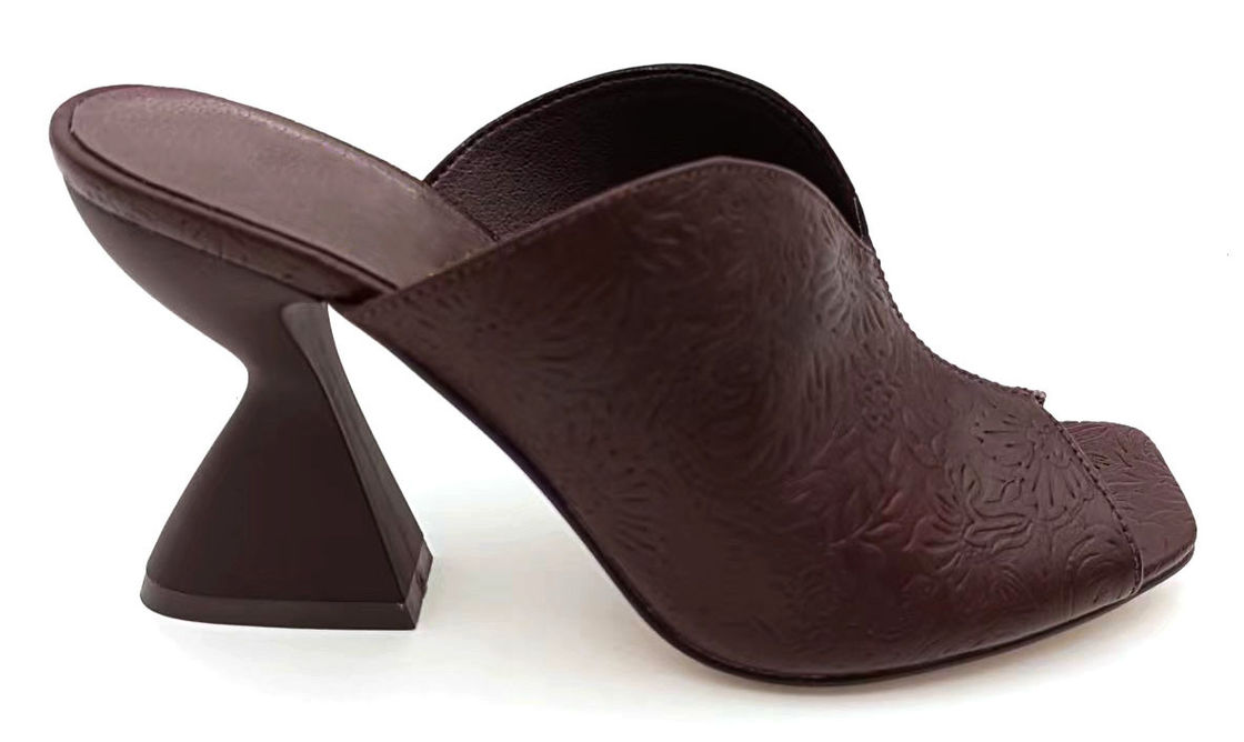 Vintage Floral Embossed PU Mule With V-Shape Top-Line & Sculptured Block Heel