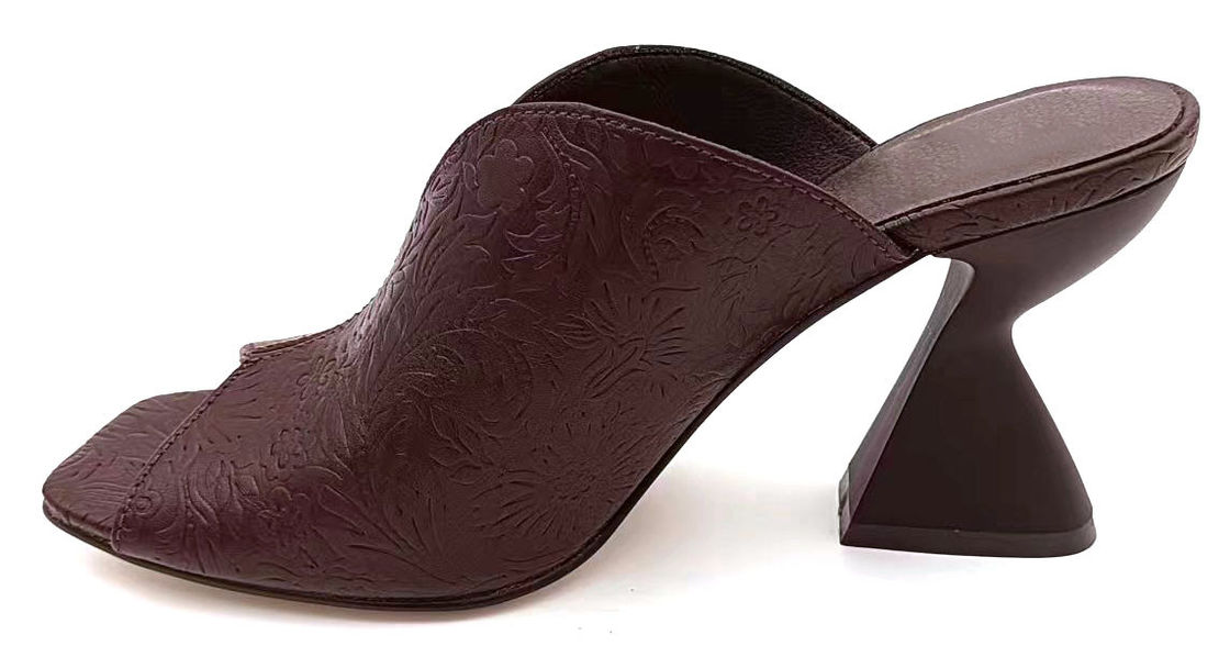 Vintage Floral Embossed PU Mule With V-Shape Top-Line & Sculptured Block Heel