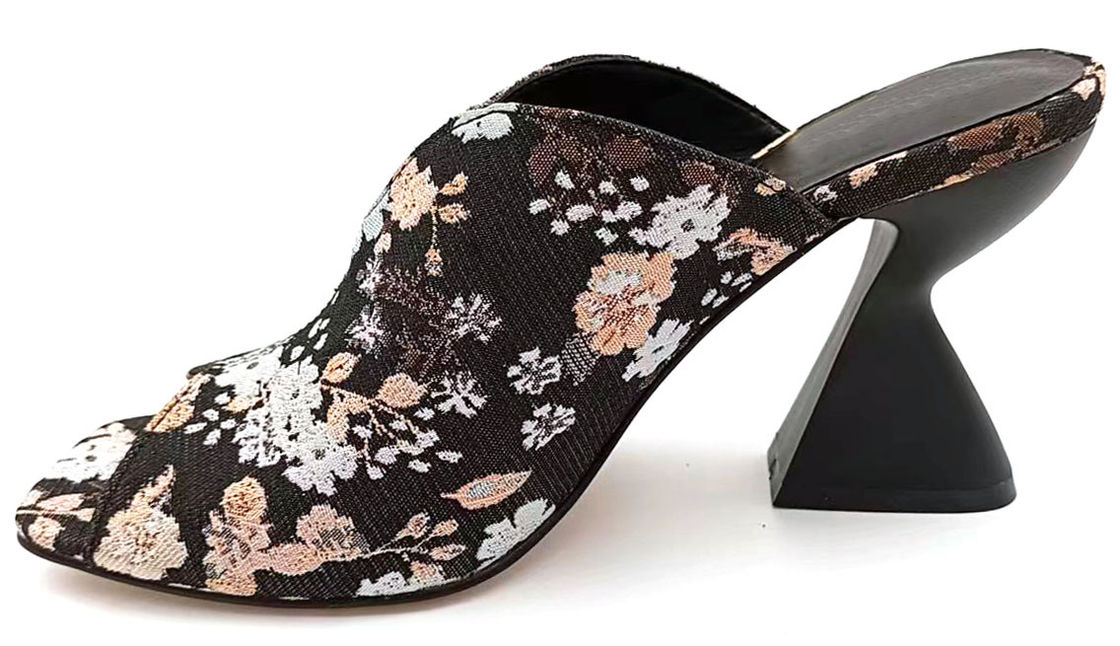 Brocade Jacquard Floral High Vamp Peep Toe Mule With Sculptured Cake Stand Heel