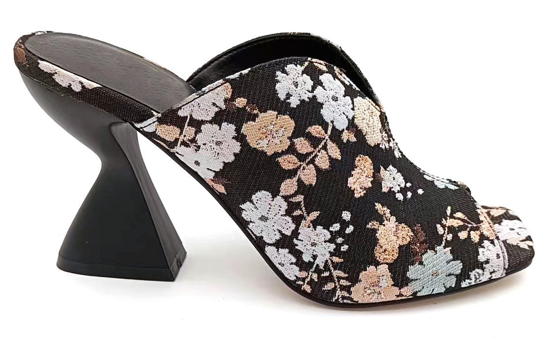 Brocade Jacquard Floral High Vamp Peep Toe Mule With Sculptured Cake Stand Heel
